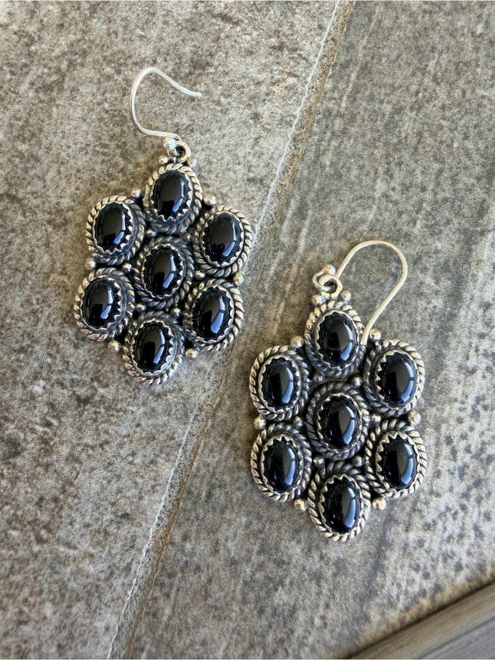 Black Onyx Cluster Silver Drop Earrings